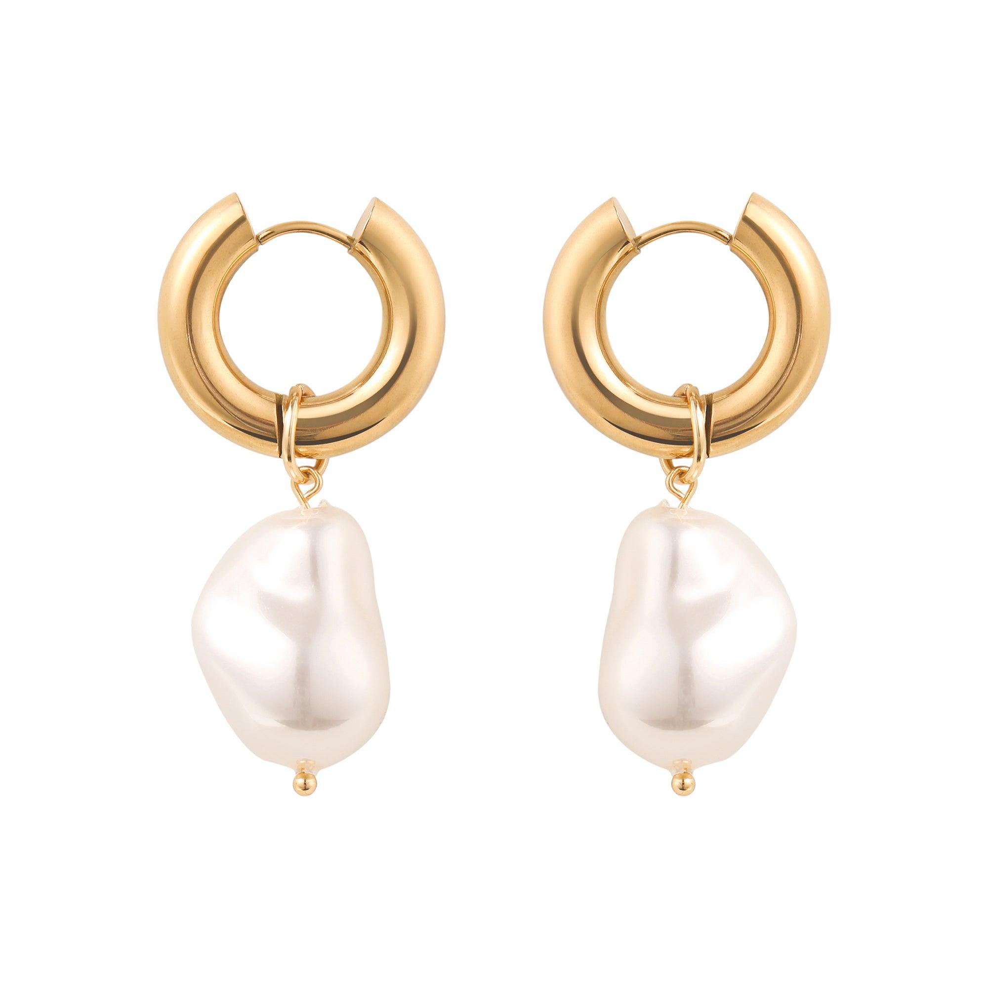 Large Gold Pearl Hoop Earrings - toutjewellery