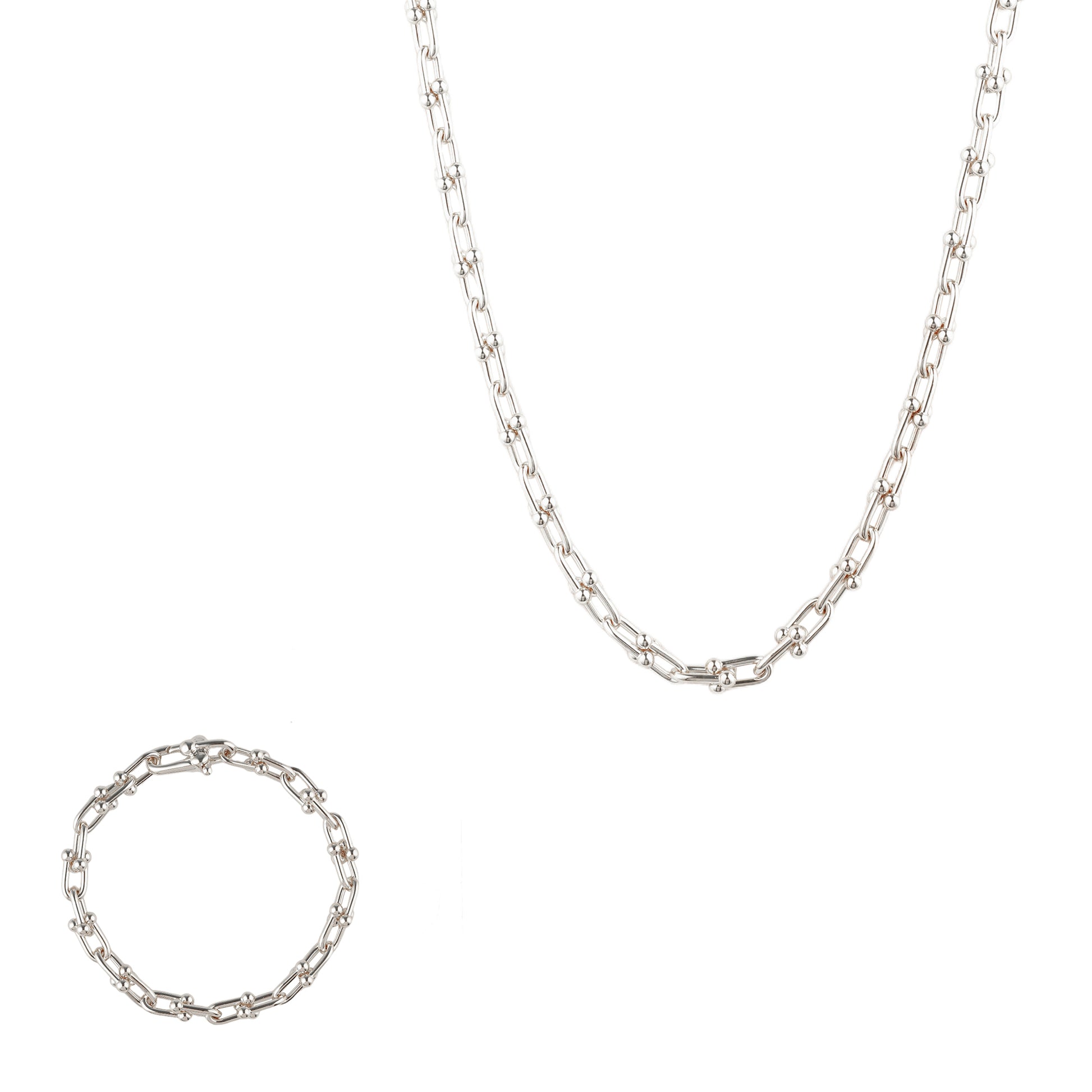 Silver Chunky U Link Necklace Bracelet Set - toutjewellery