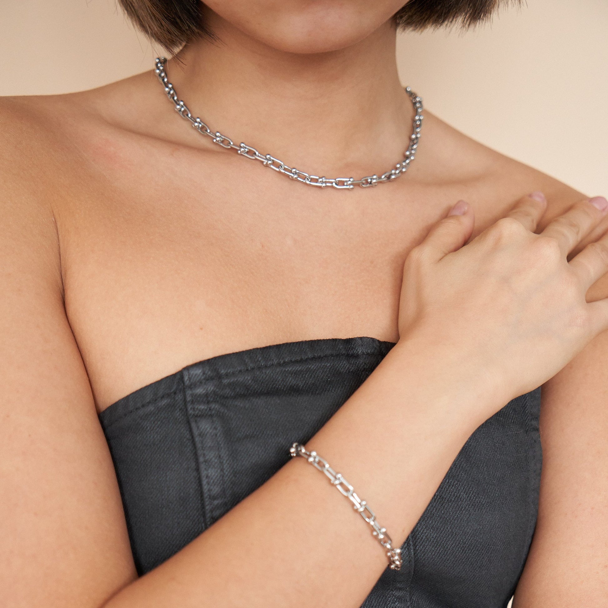 Silver Chunky U Link Necklace Bracelet Set - toutjewellery