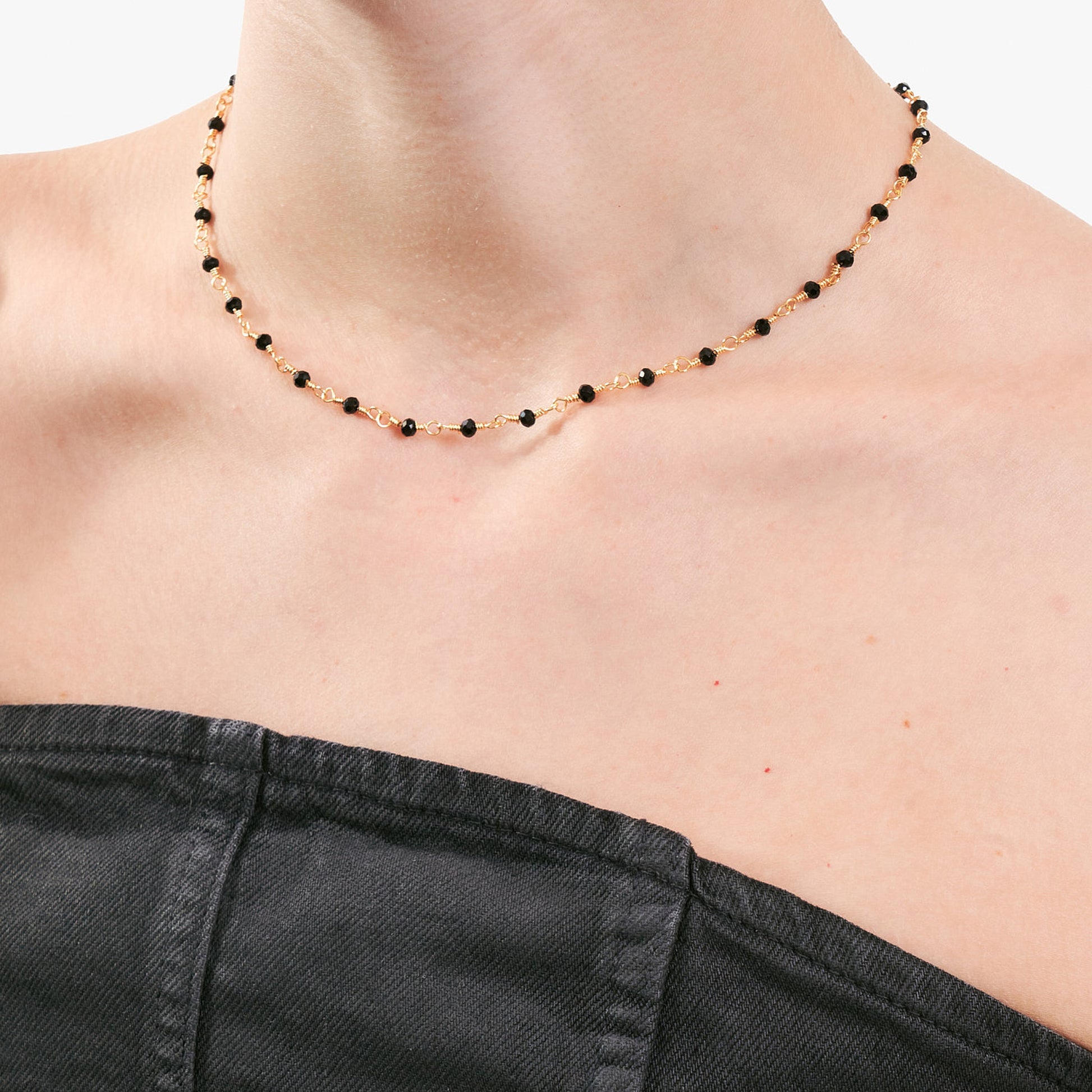 Black Onyx Beaded Chain Necklace in Gold - toutjewellery