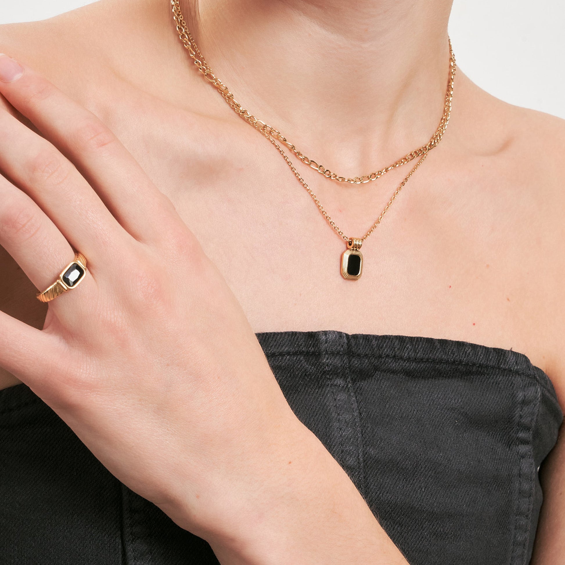 Double Layered Onyx Pendant Necklace in Gold - toutjewellery