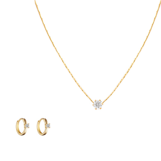 Gold Solitaire Crystal Necklace Earring Set - toutjewellery