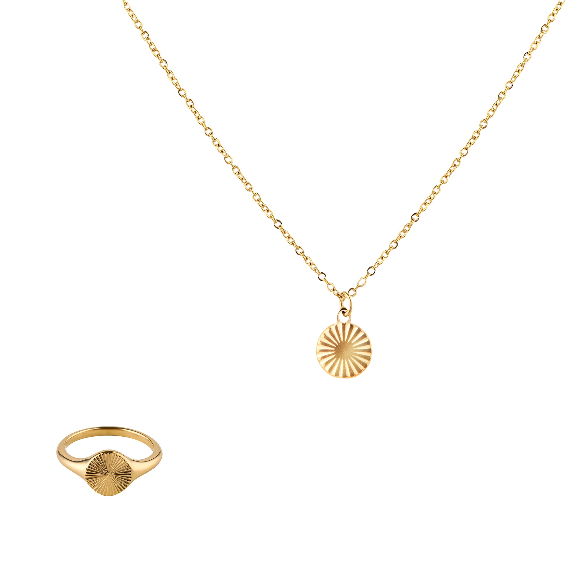 Gold Sunburst Pendant Necklace Ring Set - toutjewellery